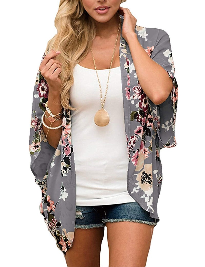 Chunoy Women Casual Summer Chiffon Kimono Cardigan Short Sleeve Beach Wear Cover Up Open Blouse Top Grey Small - Image 2